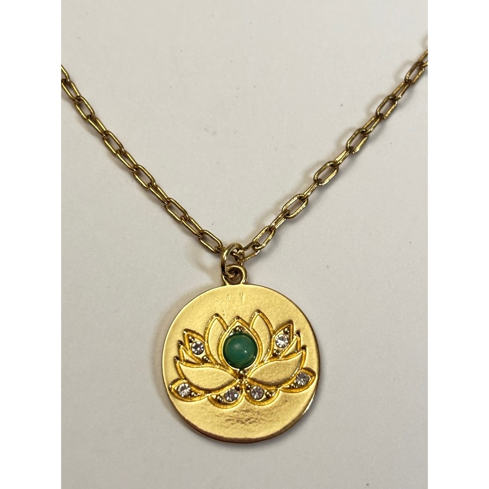 Vintage Necklace Lotus Medallion Green Stone Rhinestone Boho 19.5"
